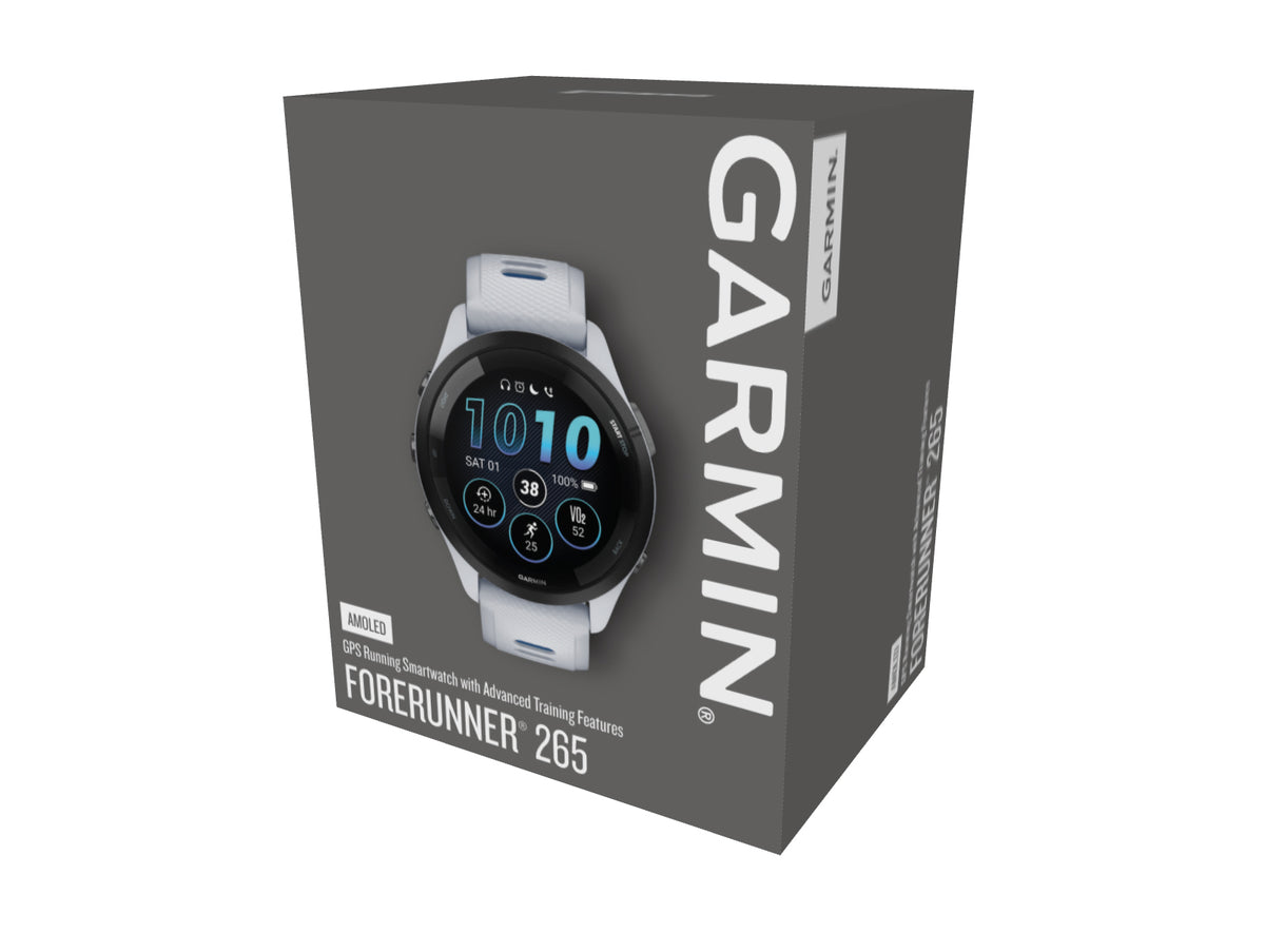 Garmin Forerunner 265. White. Box. Front/Lateral view.