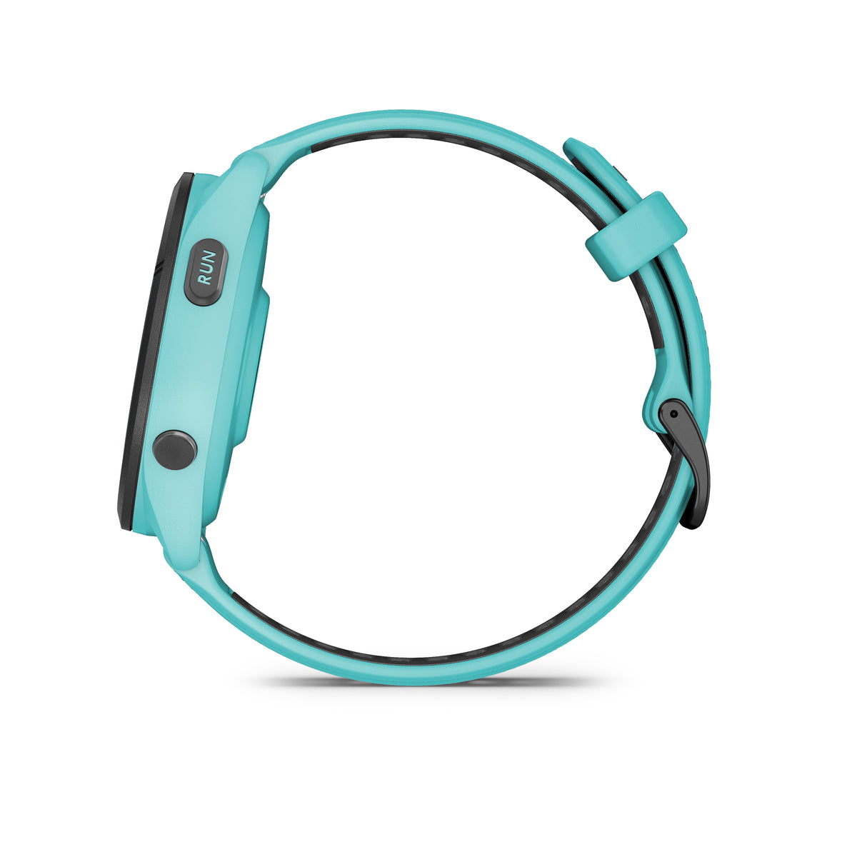Garmin Forerunner 265. Teal. Lateral view.