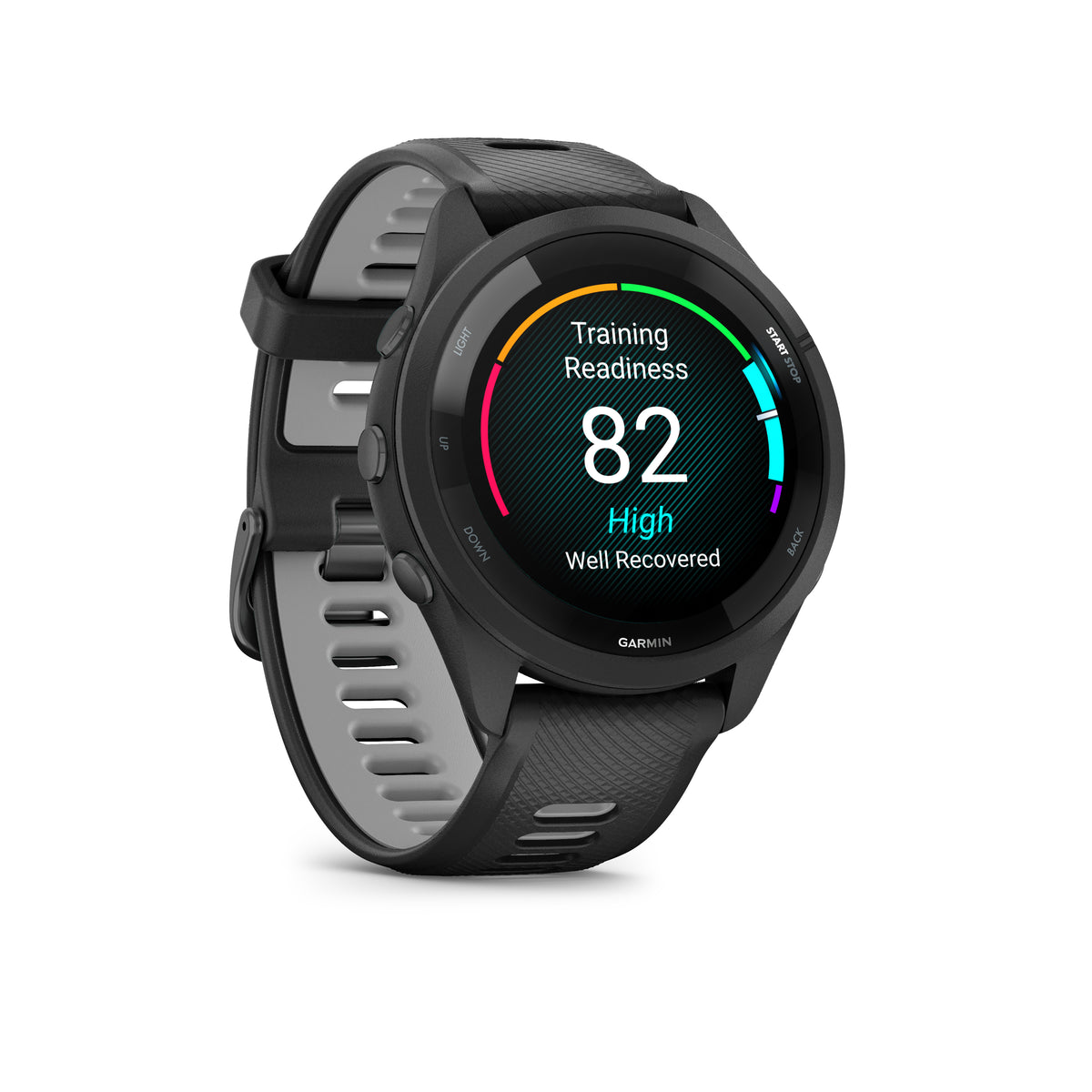 Garmin Forerunner 265. Black. Front/Lateral view.