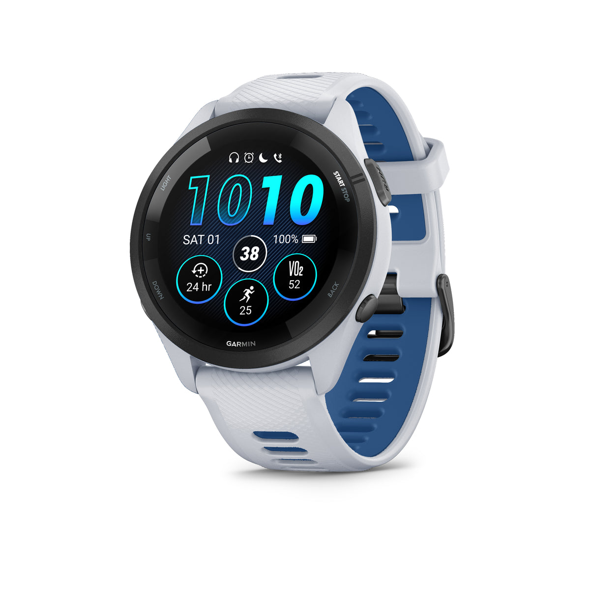Garmin Forerunner 265. White/Blue. Front/Lateral view.