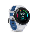 Garmin Forerunner 265. White/Blue. Front/Lateral view.
