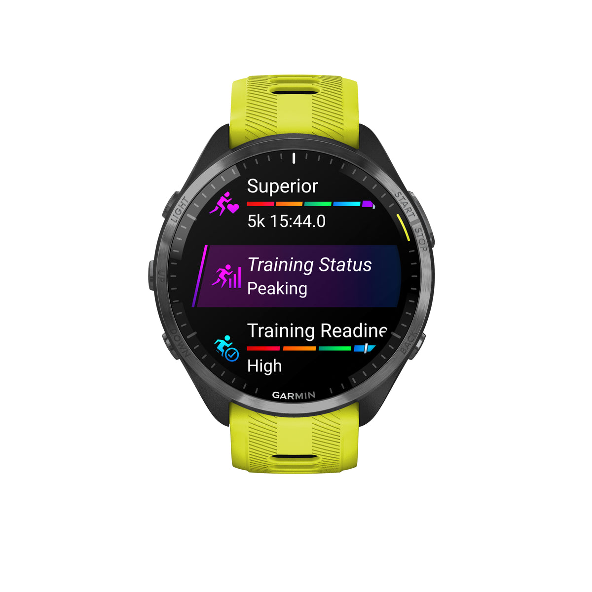 Garmin Forerunner 965. Yellow and Black. Front view.