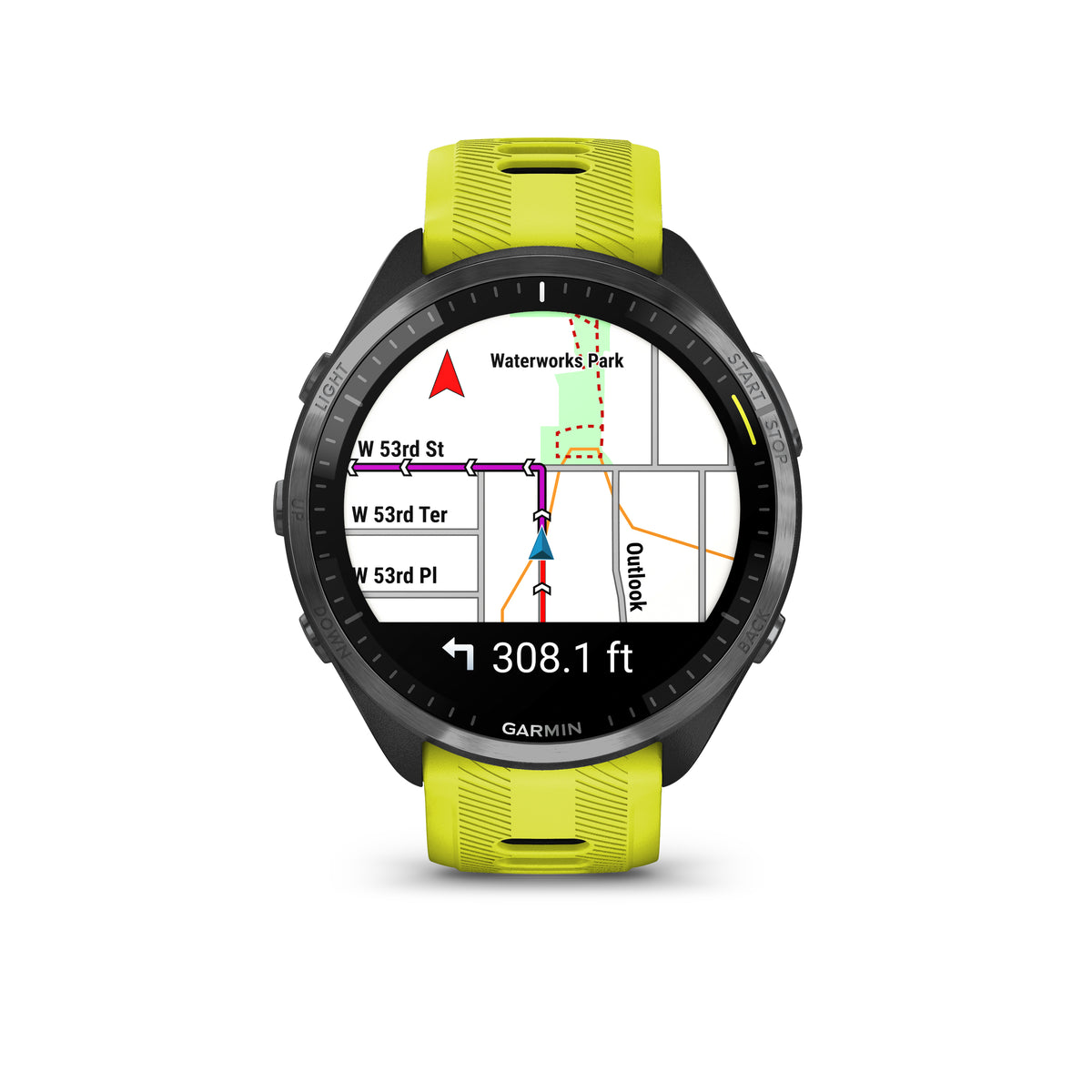Garmin Forerunner 965. Yellow and Black. Front view.
