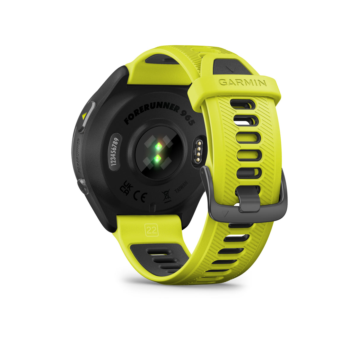 Garmin Forerunner 965. Yellow and Black. Rear/Lateral view.