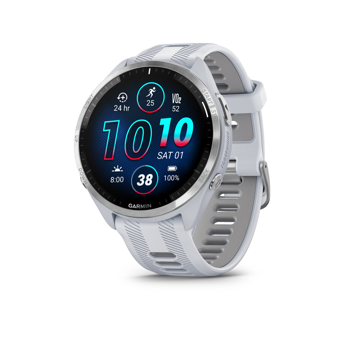 Garmin Forerunner 965. White. Front/Lateral view.