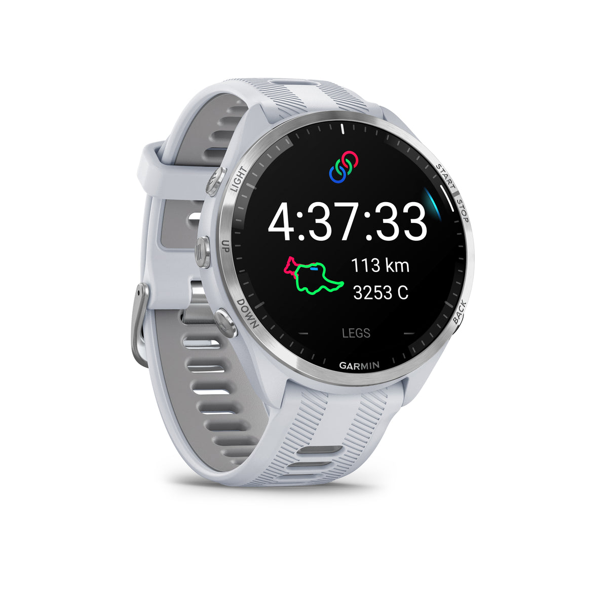 Garmin Forerunner 965. White. Front/Lateral view.