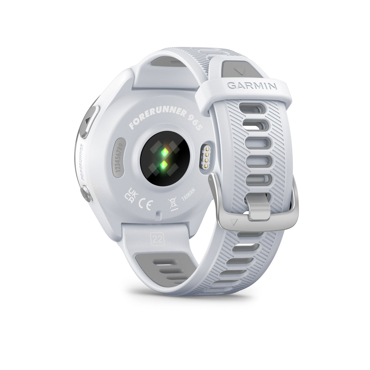 Garmin Forerunner 965. White. Rear/Lateral view.
