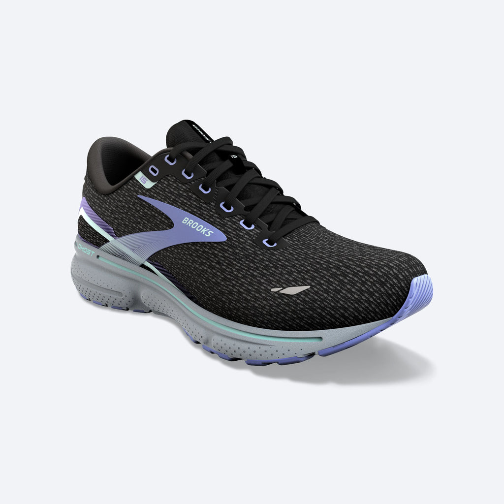 Women's Brooks Ghost 15. Black upper. Grey midsole. Lateral view.