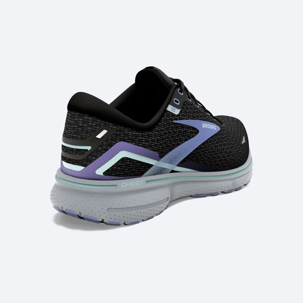 Women's Brooks Ghost 15. Black upper. Grey midsole. Rear/Lateral view.