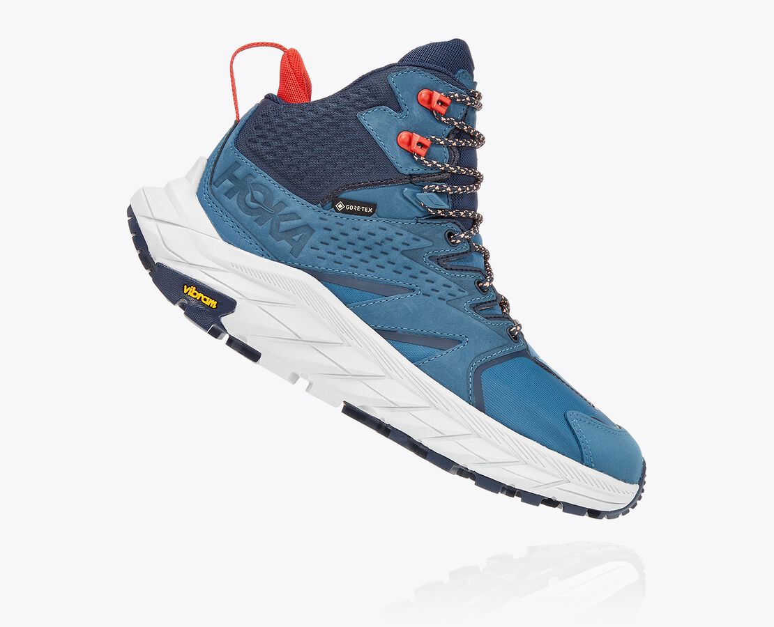 Women's Hoka Anacapa Mid GTX. Blue upper. Grey midsole. Lateral view.