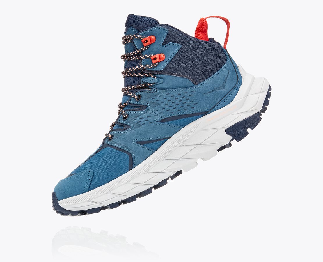 Women's Hoka Anacapa Mid GTX. Blue upper. Grey midsole. Medial view.