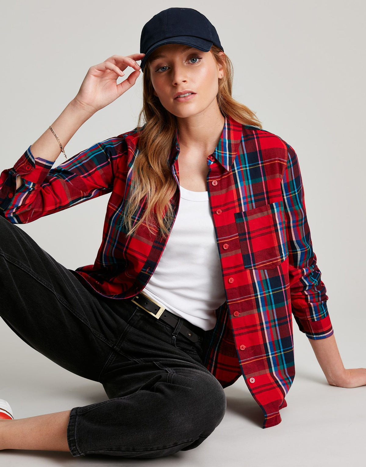 Joules Lorena Longline Brushed Woven Shirt - Red Check - Women's - View 2