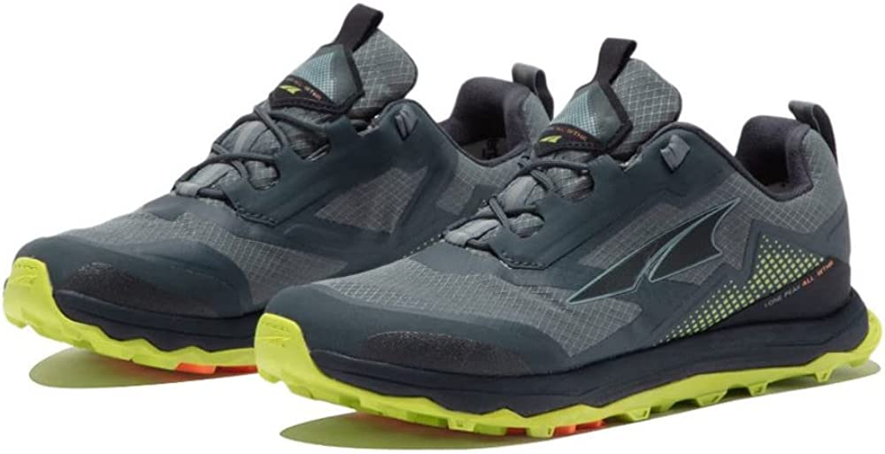 Men's Altra Lone Peak All Weather Low. Grey upper. Black midsole. Lateral view.