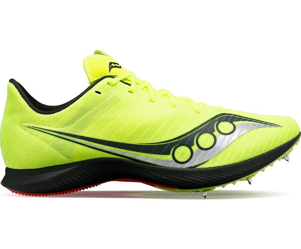 Women's Saucony Velocity MP. Yellow upper. Black midsole. Lateral view.