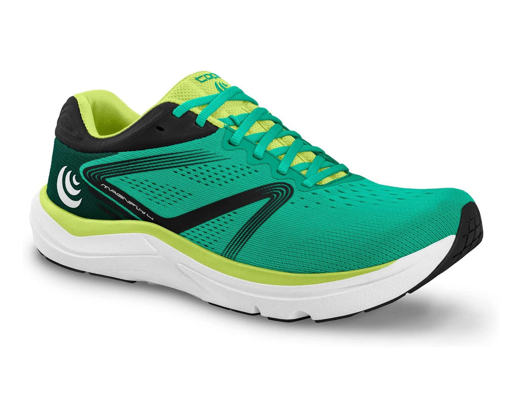 Men's Topo Athletic Magnifly 4. Green/black upper. White midsole. Lateral view.
