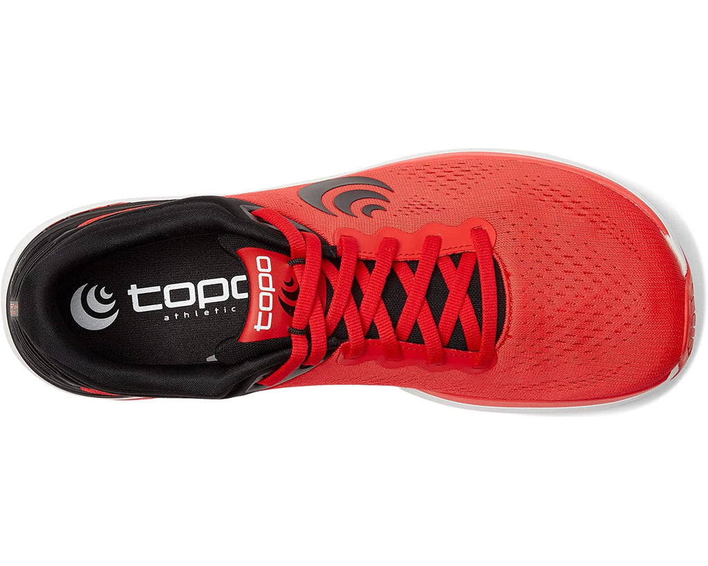 Men's Topo Athletic Ultrafly 4. Red upper. White midsole. Top view.