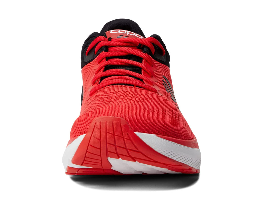 Men's Topo Athletic Ultrafly 4. Red upper. White midsole. Front view.