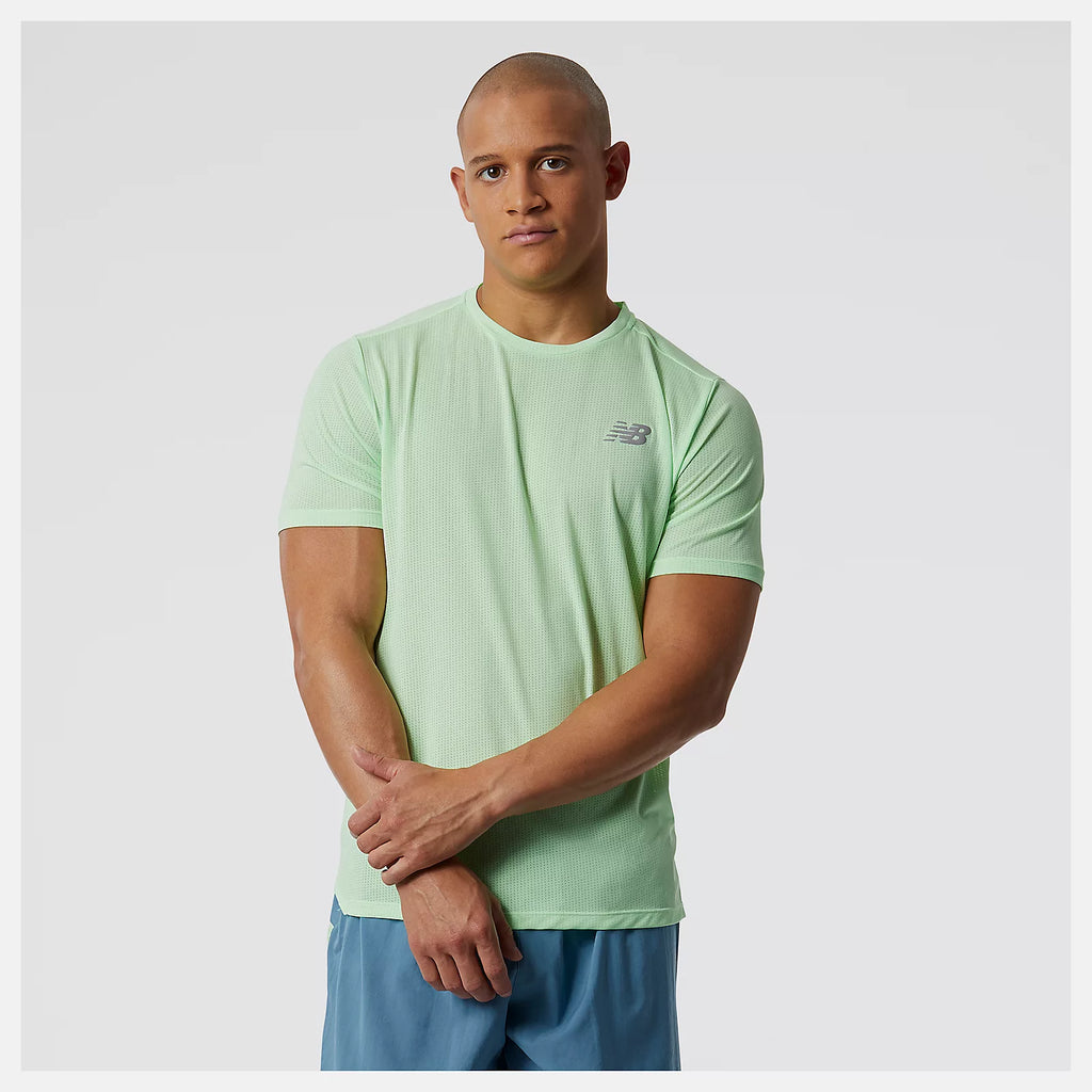 Men's New Balance Impact Short Sleeve. Green. Front view.