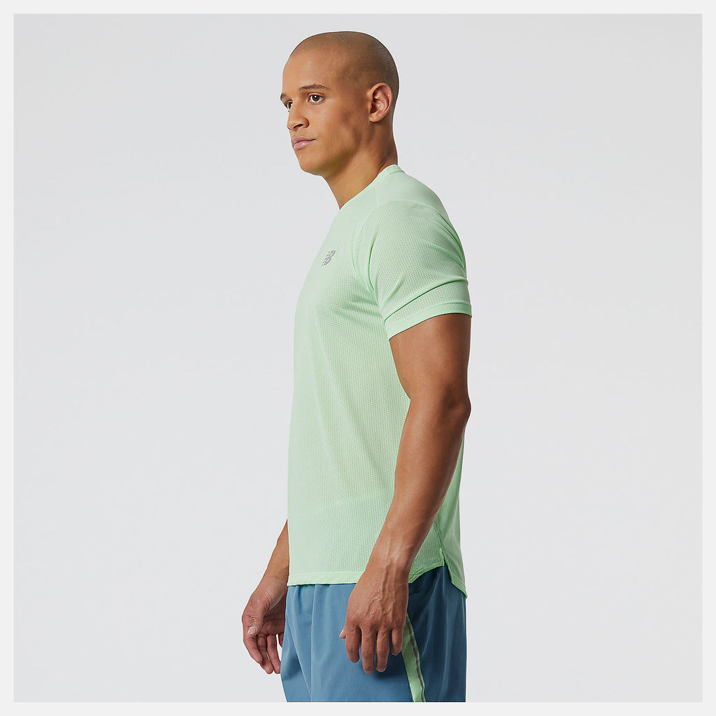 Men's New Balance Impact Short Sleeve. Green. Lateral view.
