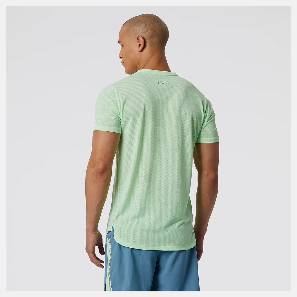 Men's New Balance Impact Short Sleeve. Green. Rear view.