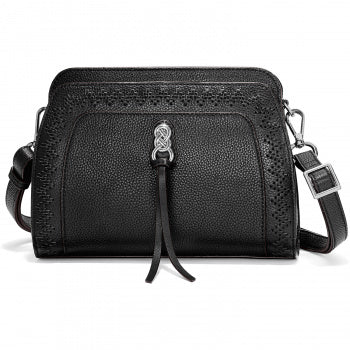 A black leather women's organizer handbag with Celtic knot inspired hardware and a crossbody strap.