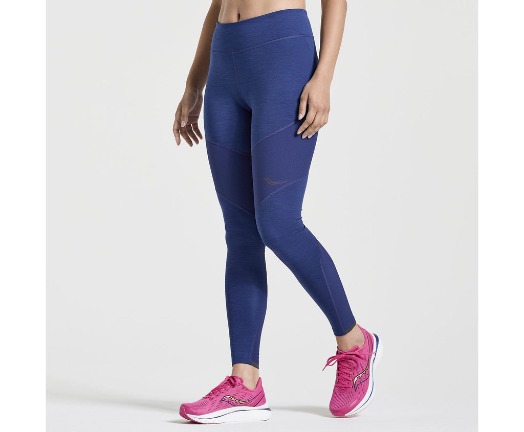 Women's Saucony Boulder Wind Tights. Blue. Front view.