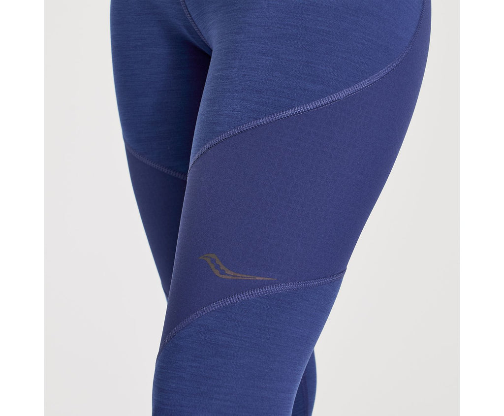 Women's Saucony Boulder Wind Tights. Blue. Front view.