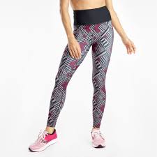 Women's Saucony Hightail Tights. Black/White print. Front view.
