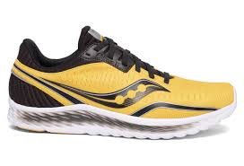 Men's Saucony Kinvara 11. Yellow upper. White midsole. Lateral view.