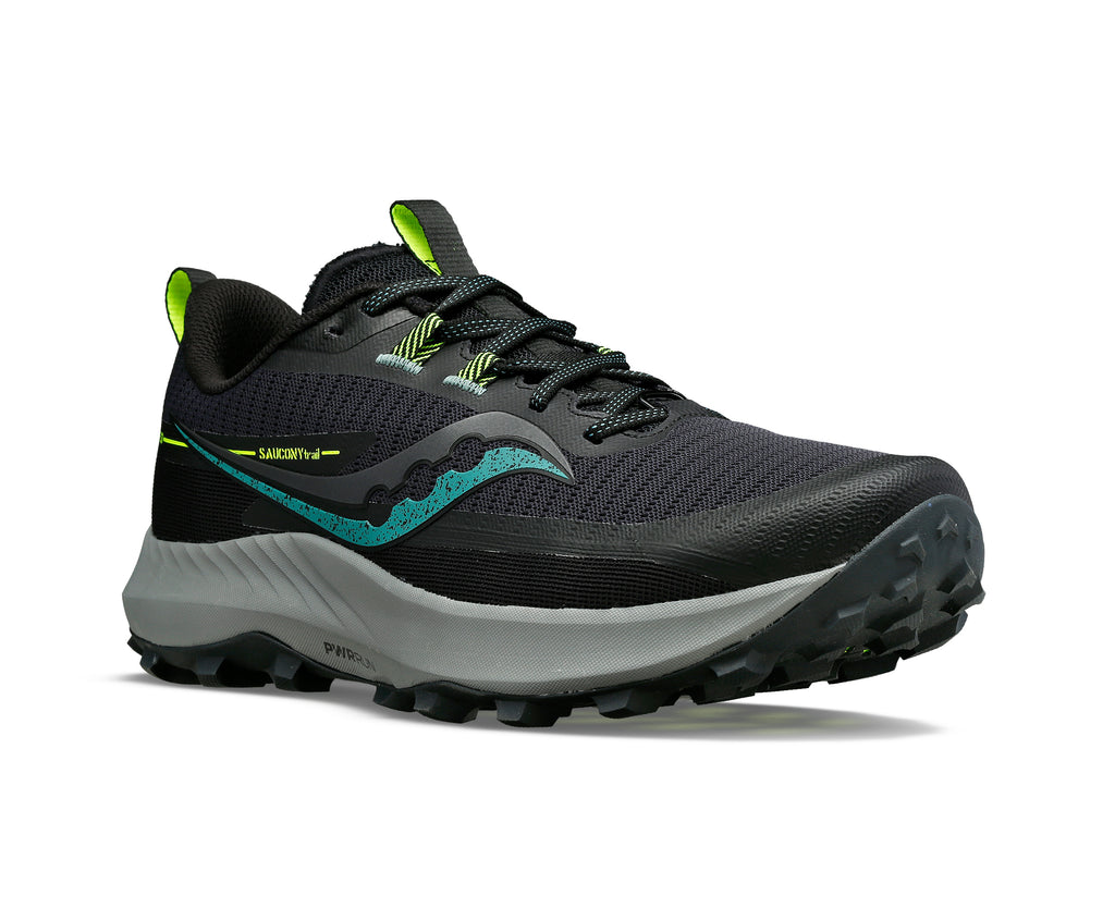 Men's Saucony Peregrine 13. Black upper. Grey midsole. Lateral view.