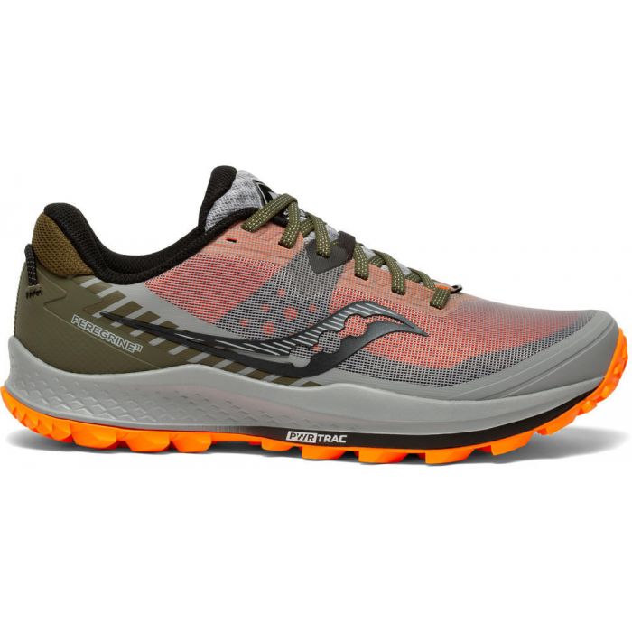 Men's Saucony Peregrine 11. Grey upper. Grey midsole. Lateral view.