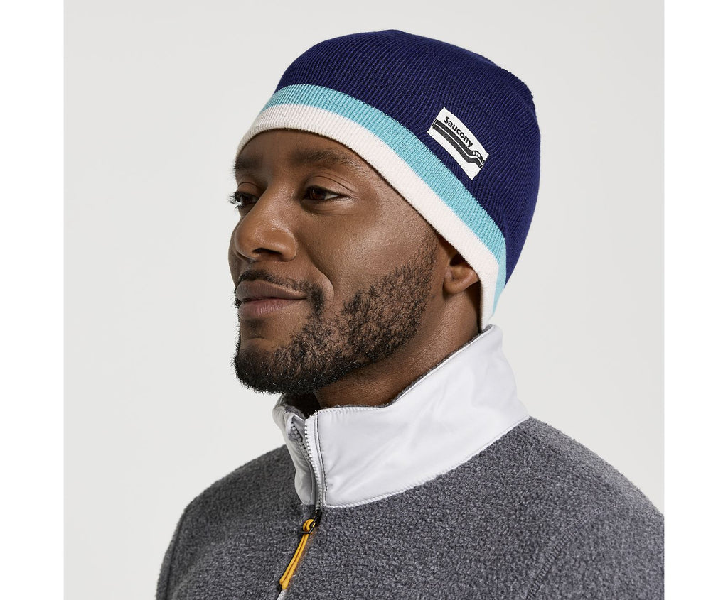 Unisex Saucony Rested Beanie. Blue. Front/Lateral view.