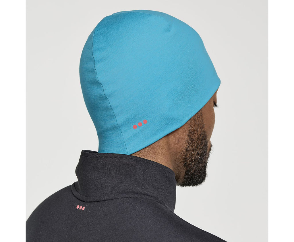Unisex Saucony Solstice Beanie. Blue/Green. Rear/Lateral view.