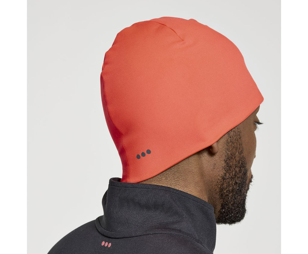 Unisex Saucony Solstice Beanie. Red. Rear/Lateral view.