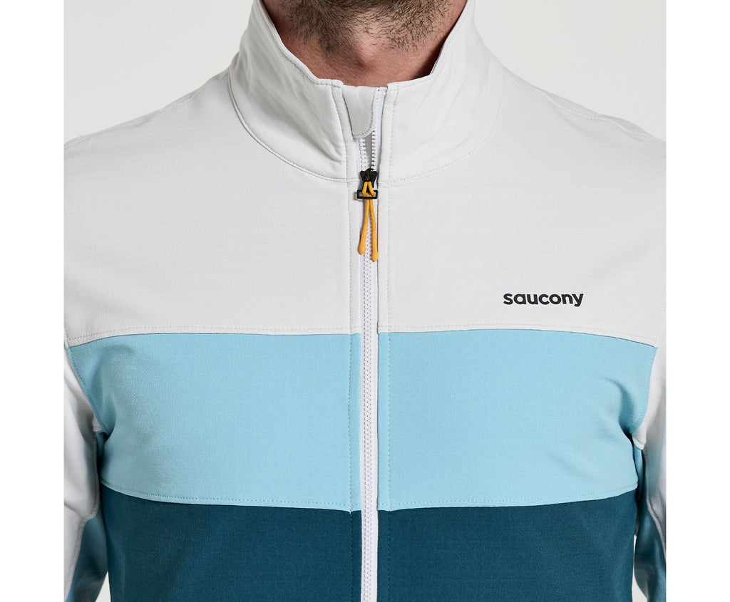 Men's Saucony Bluster Jacket. White/Green. Front view.