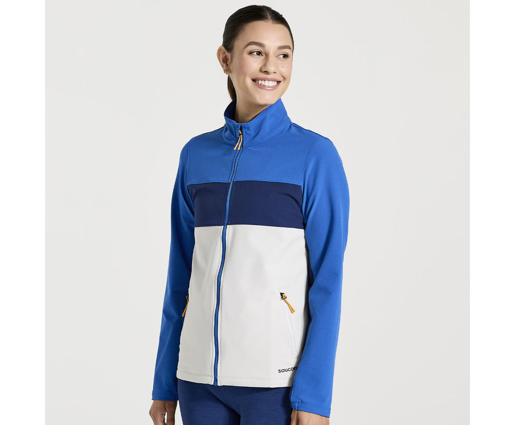 Women's Saucony Bluster Jacket. Blue/White. Front view.