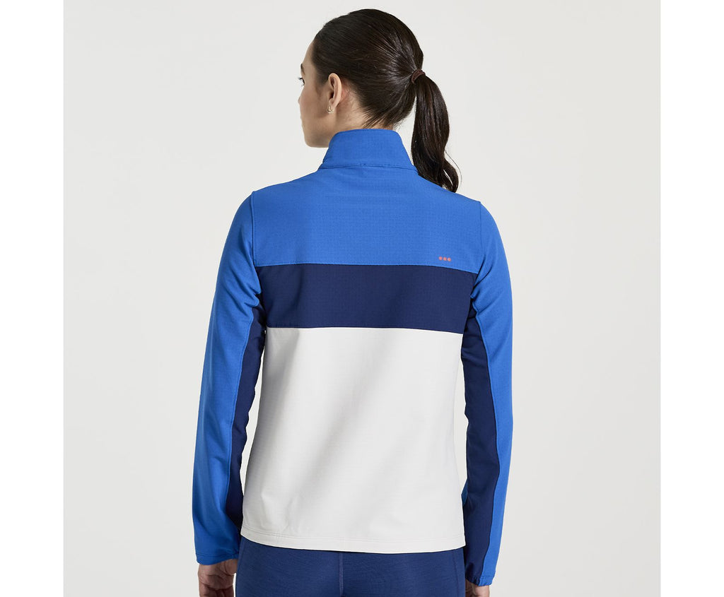 Women's Saucony Bluster Jacket. Blue/White. Rear view.
