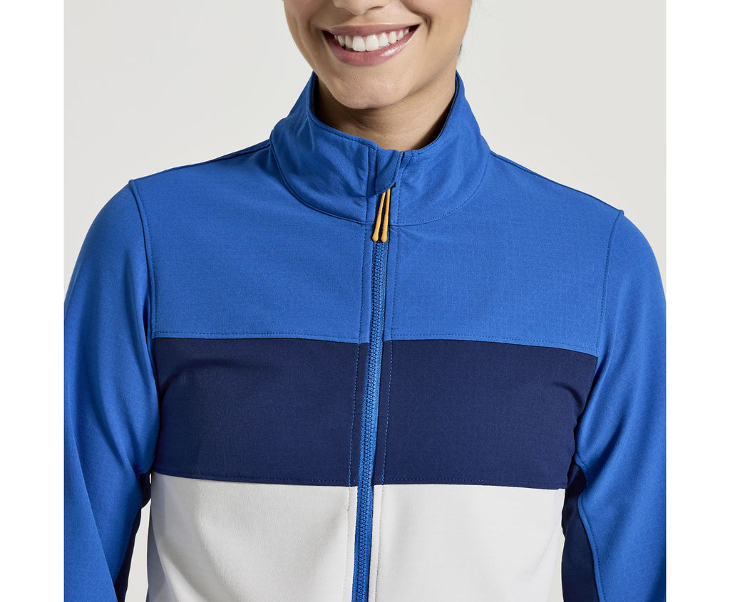 Women's Saucony Bluster Jacket. Blue/White. Front view.