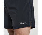 Men's Saucony Outpace Shorts. Black. Front closeup.
