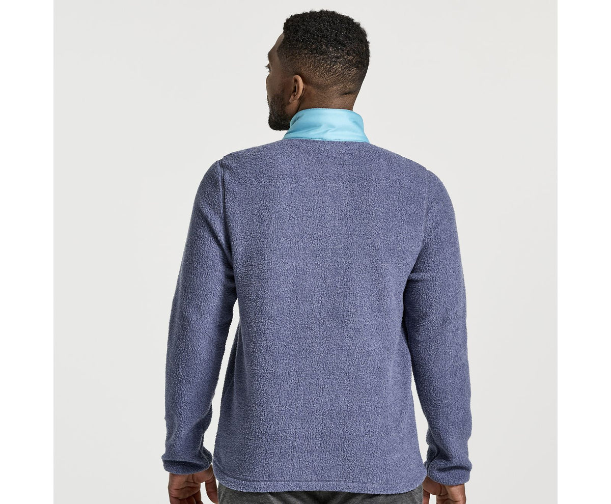 Men's Saucony Rested Sherpa 1/4 Zip. Grey/Blue. Rear view.