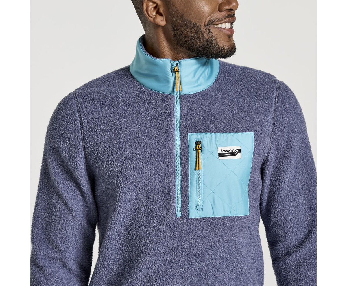 Men's Saucony Rested Sherpa 1/4 Zip. Grey/Blue. Front view.