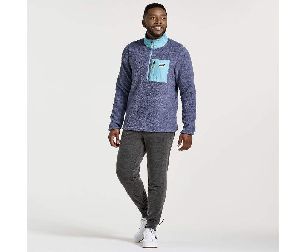 Men's Saucony Rested Sherpa 1/4 Zip. Grey/Blue. Front view.