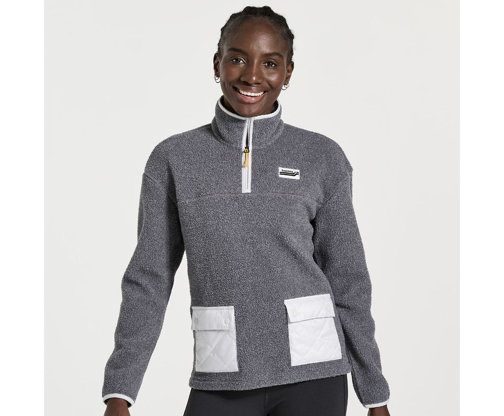 Women's Saucony Rested Sherpa 1/4 Zip. Grey. Front view.