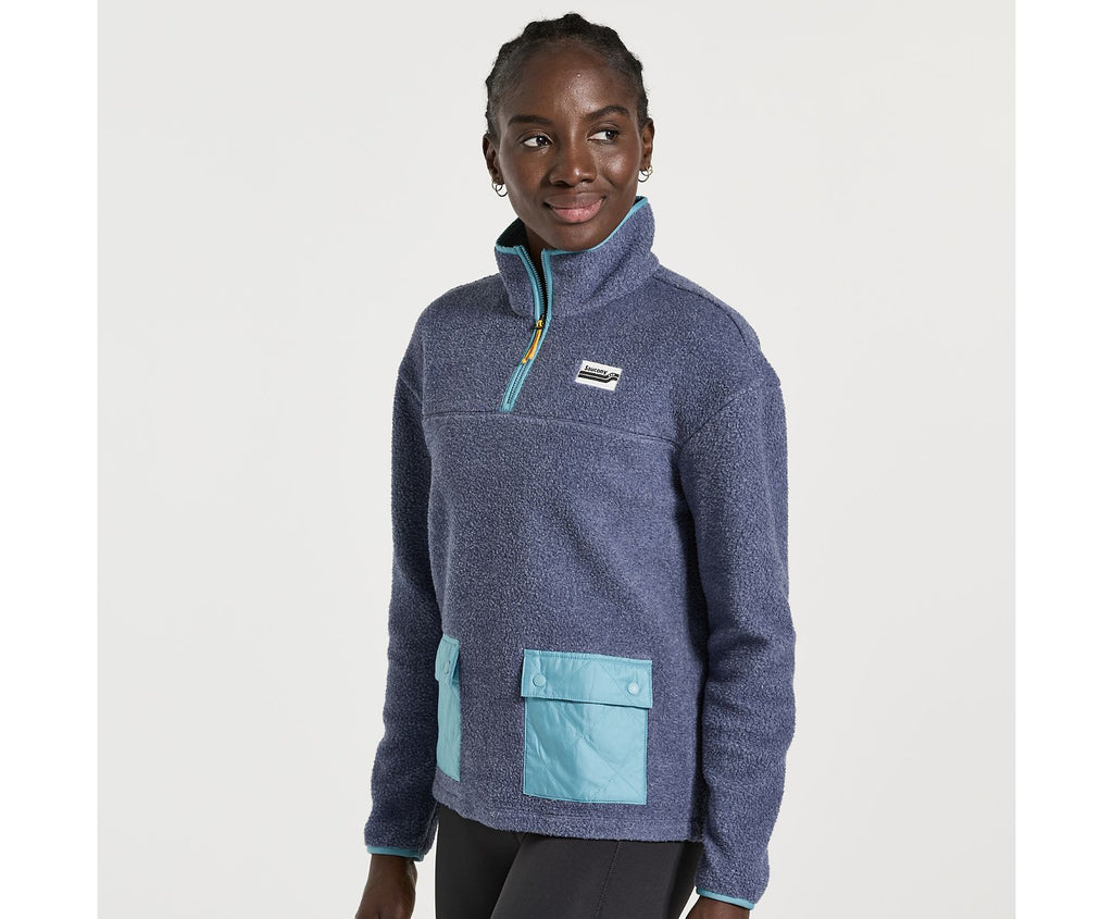Women's Saucony Rested Sherpa 1/4 Zip. Grey/Blue. Front view.