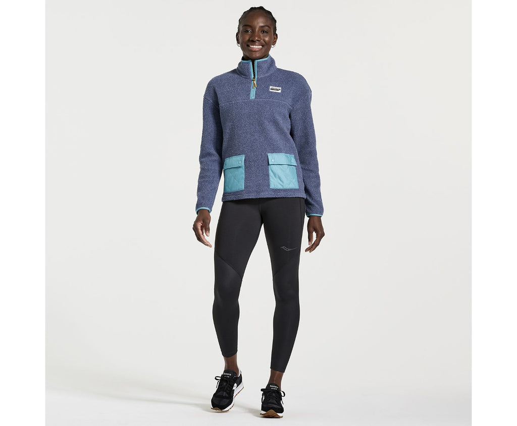 Women's Saucony Rested Sherpa 1/4 Zip. Grey/Blue. Front view.