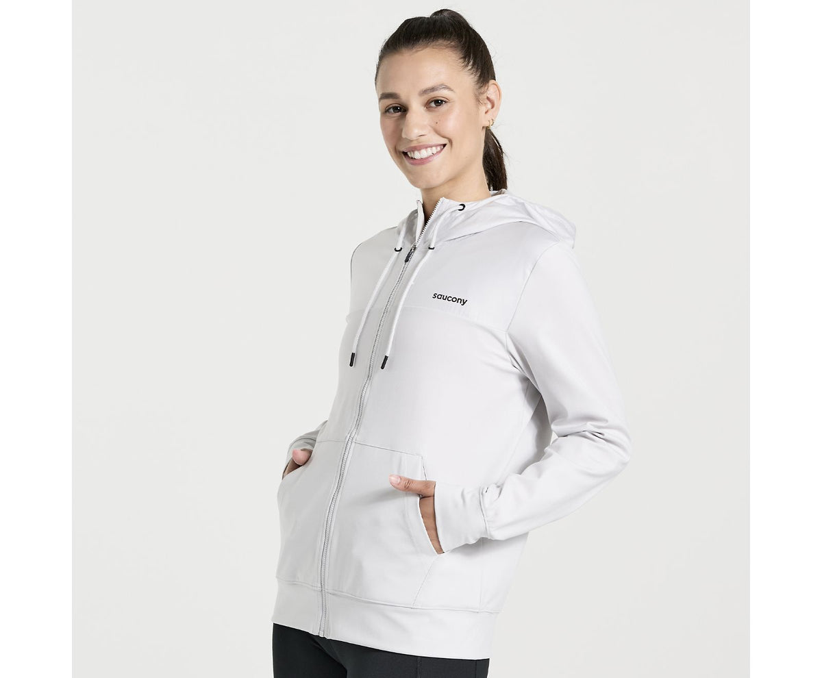 Women's Saucony Solstice Zip Hoodie. White. Front view.