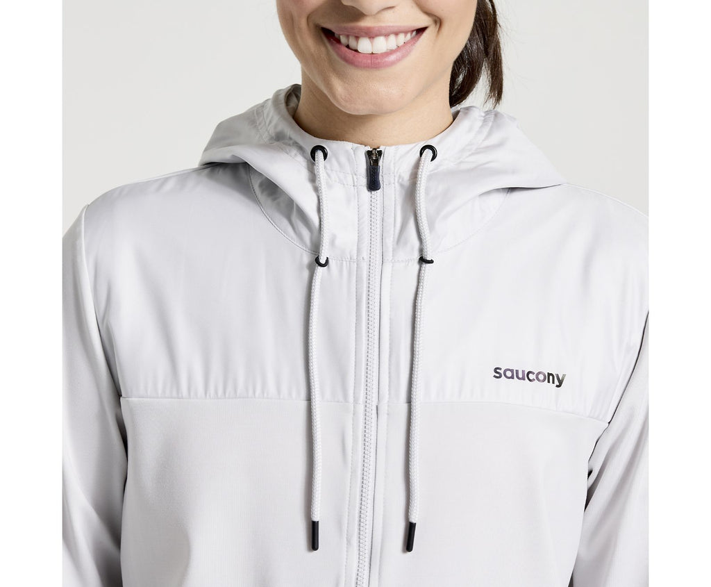 Women's Saucony Solstice Zip Hoodie. White. Front view.