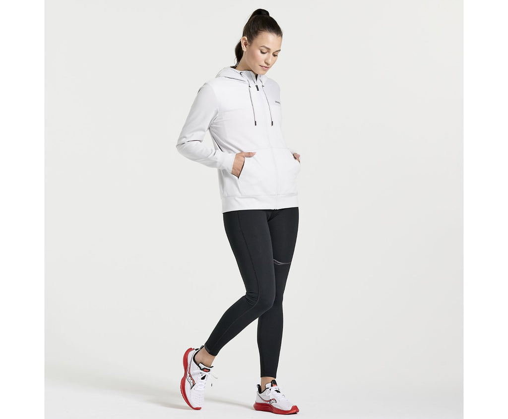 Women's Saucony Solstice Zip Hoodie. White. Front view.
