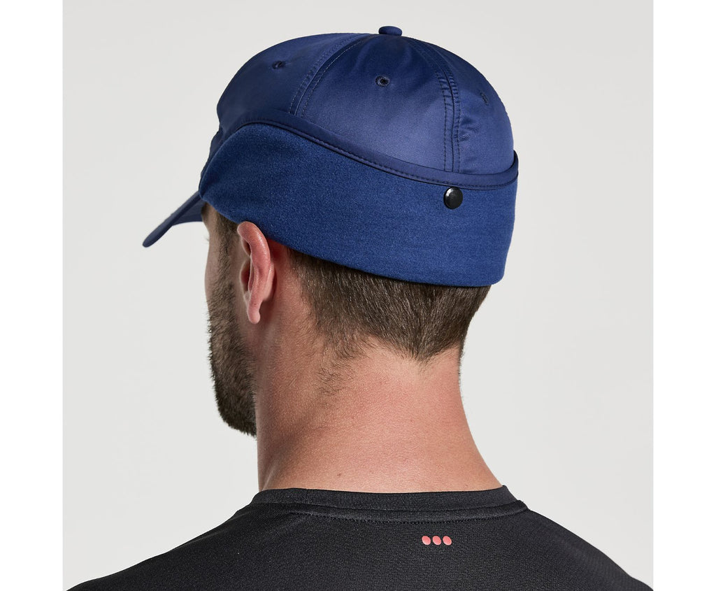 Unisex Saucony Tech Ear Flap Hat. Dark Blue. Rear view.