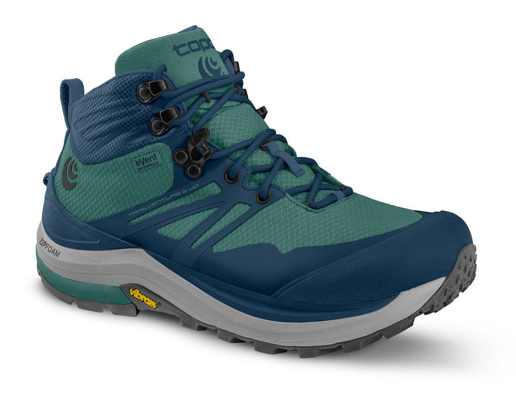 Women's Topo Athletic Trailventure 2 WP. Blue/green upper. Grey midsole. Lateral view.